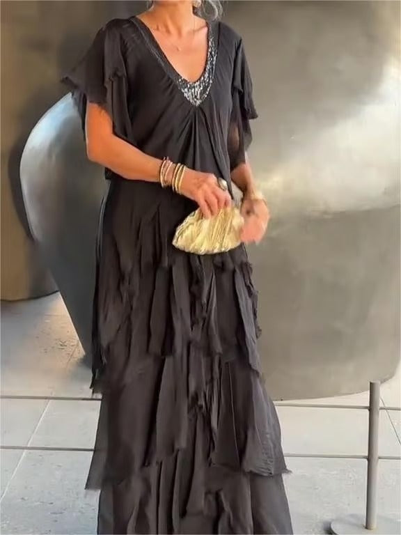 LumiSilk – Classic V Neck Formal Maxi Dress