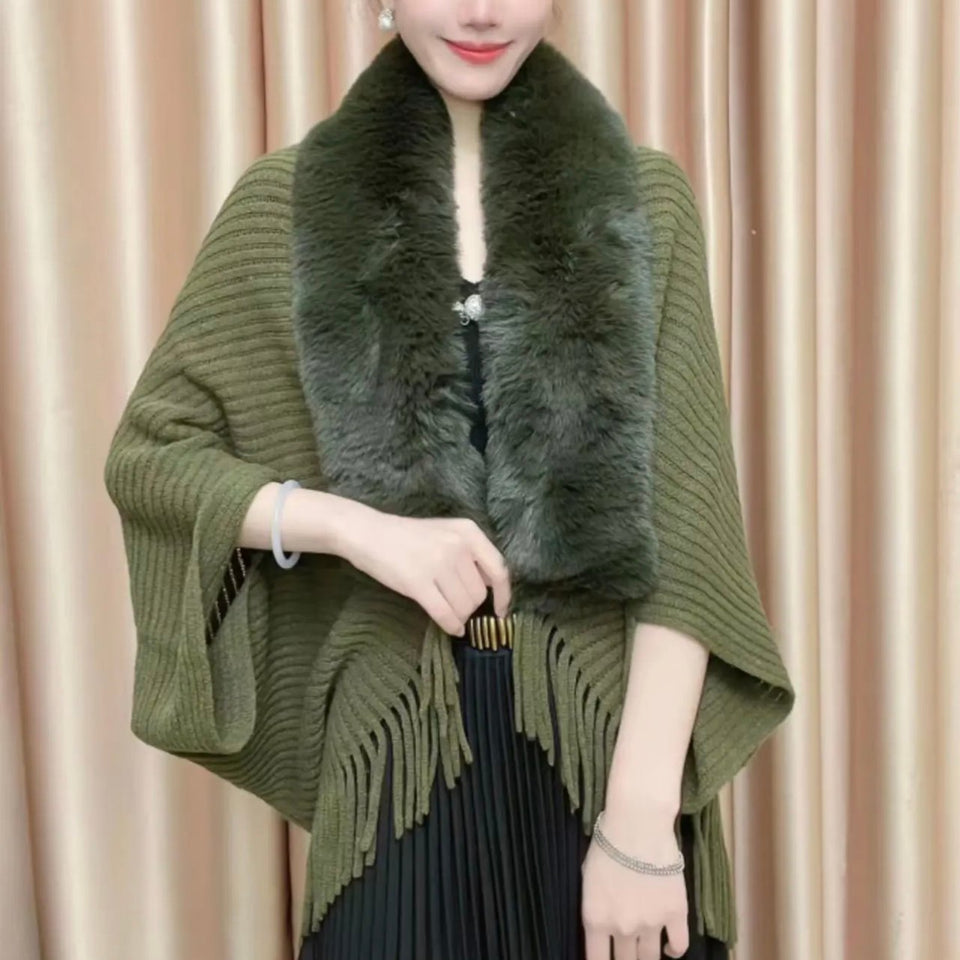 Knitted Fringed Fur-Neck Shawl marnetic