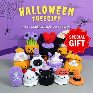 White crocheted spooky spider with a pink brain on a purple background