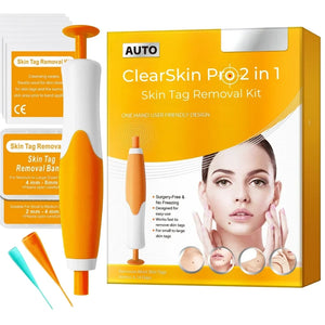 ClearSkin Pro Skin Tag Removal Kit contents including removal pen, applicator heads, bands, and user guide