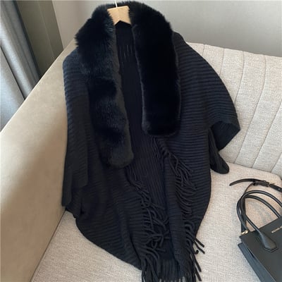 Knitted Fringed Fur-Neck Shawl marnetic