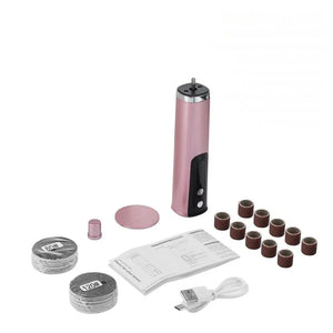 SilkySole Electric Callus Remover device with grinding heads, sandpaper discs, and cap shown in flat lay