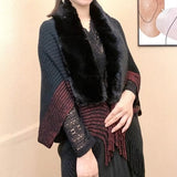 Knitted Fringed Fur-Neck Shawl marnetic