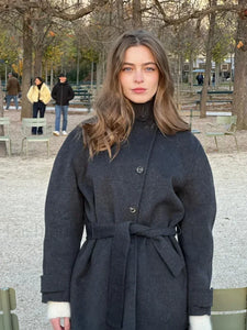 Fashion High Neck With Belt Woolen Overcoats Black / S