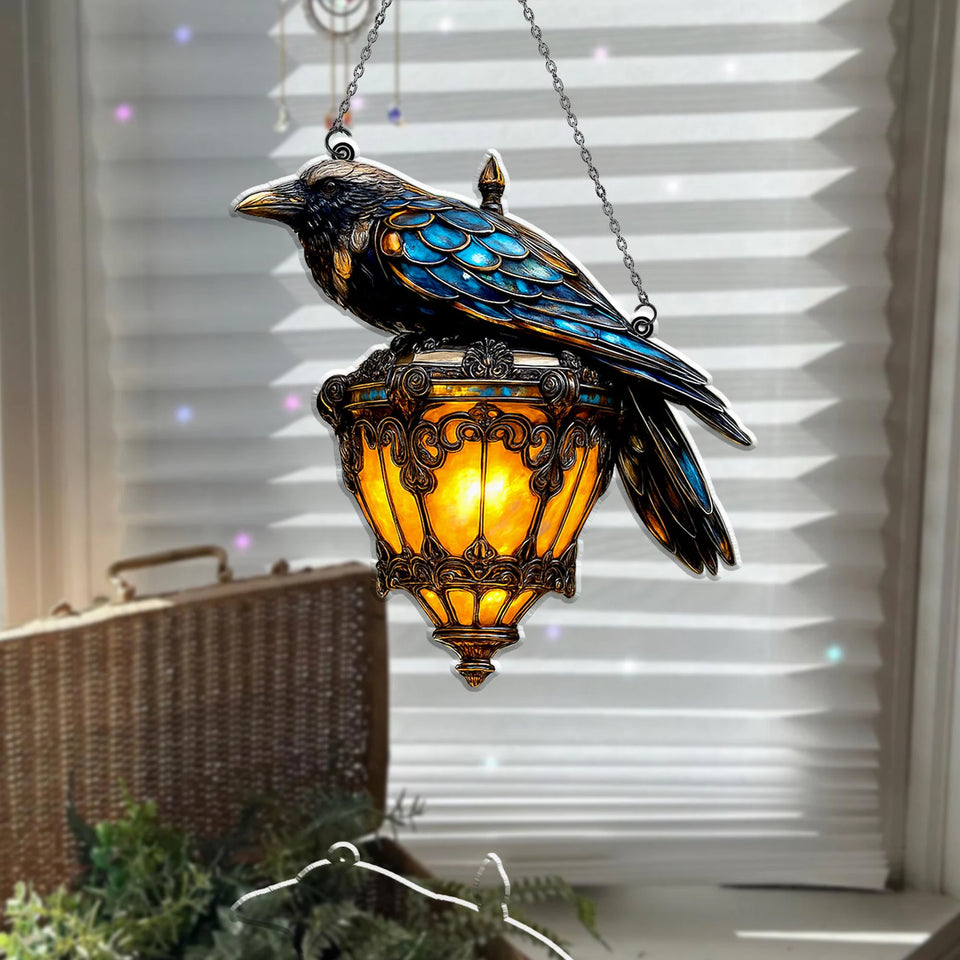RavenGlow – Faux Stained Glass Crow Lantern Suncatcher