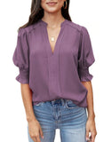 BreezyMuse - V Neck Puff Sleeve Boho Floral Blouse