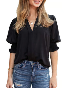 BreezyMuse - V Neck Puff Sleeve Boho Floral Blouse