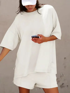 ChicBreeze – Solid Color Slit Top & Shorts Set