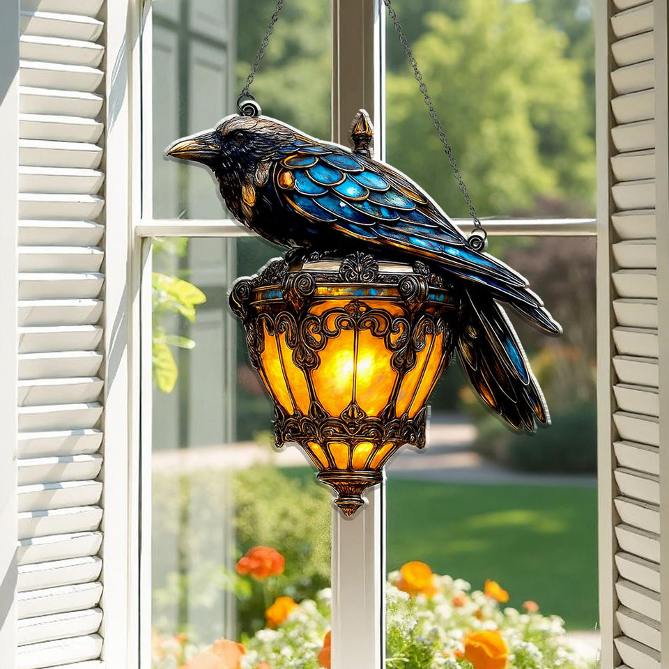 RavenGlow – Faux Stained Glass Crow Lantern Suncatcher