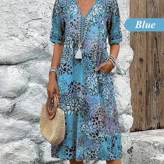 LinenAura – Elegant Printed Linen Cotton Midi Dress