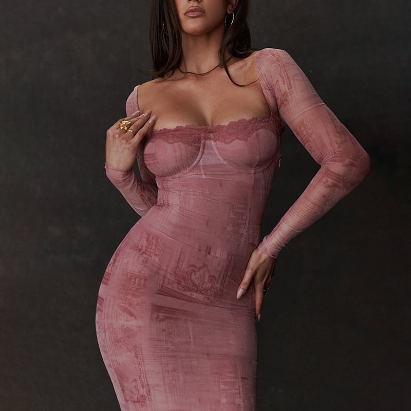 VeloraChic | Chic Pink Fitted Long-Sleeve Dress