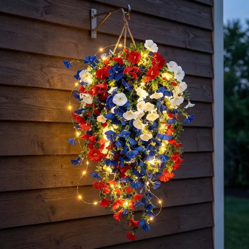 🎉Patriotic Hanging Flower Baskets 🔴⚪🔵 - Artificial Outdoor Decor, No Maintenance