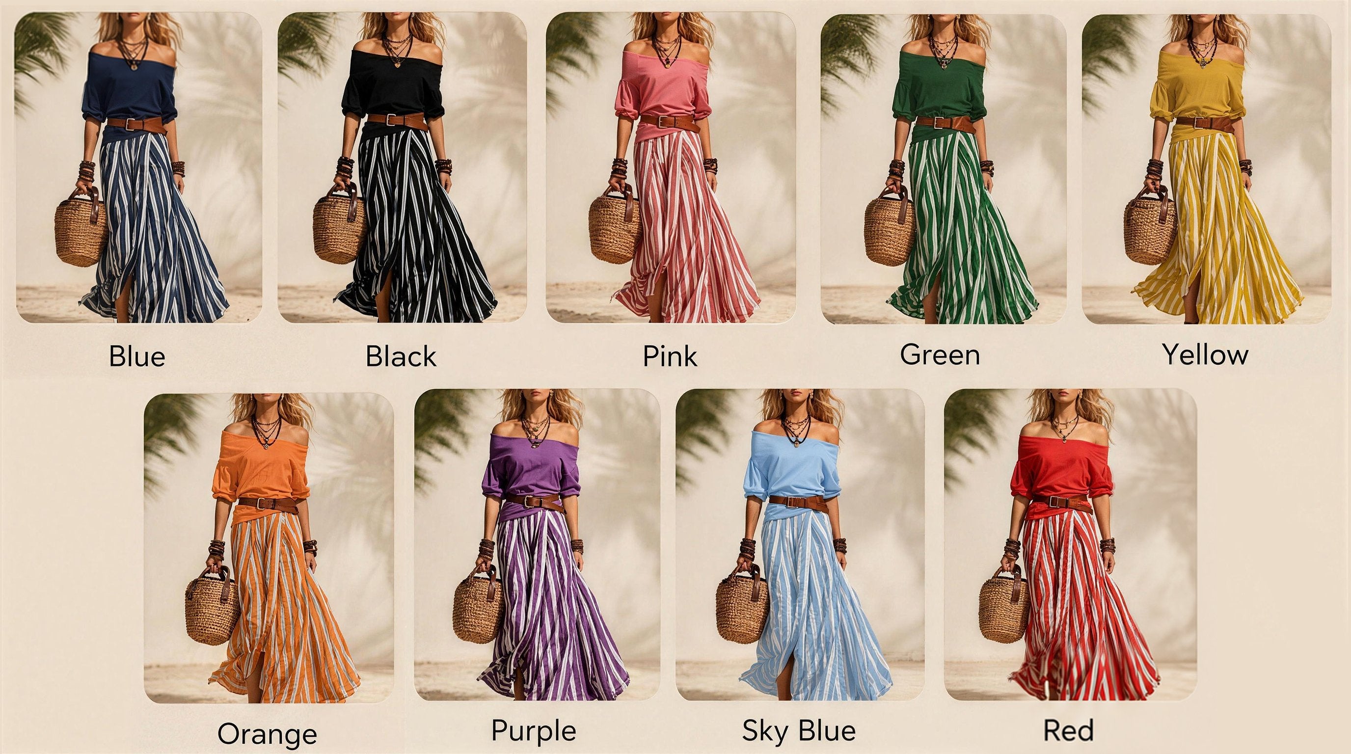StripeLuxe – Striped Maxi Skirt Set with Belt