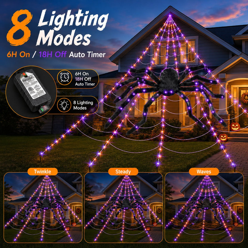 SpookGlow – Giant Purple LED Spider Web Lights