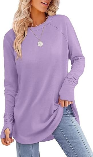 Womens Tunic Tops to Wear with Leggings Long Sleeve Thumb Hole Shirts Crew Neck Curved Hem