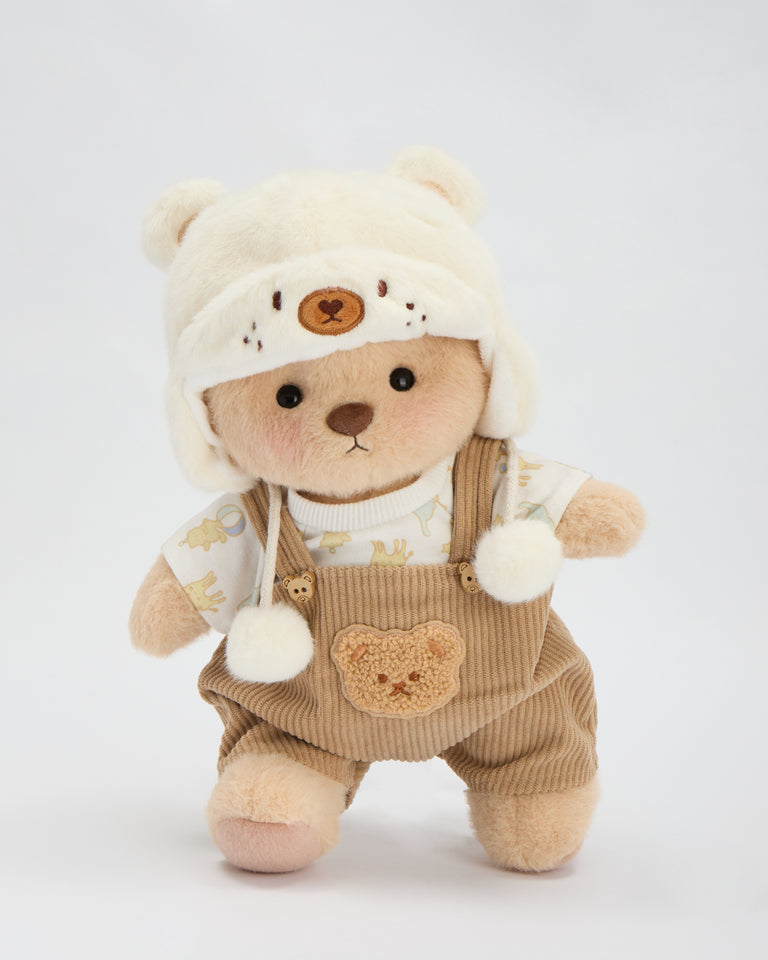 Getahug White Mink Hat Brown Overalls Bear | Handmade Jointed Teddy Bear Gift