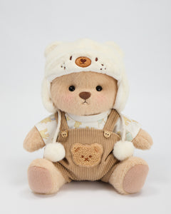 Getahug White Mink Hat Brown Overalls Bear | Handmade Jointed Teddy Bear Gift