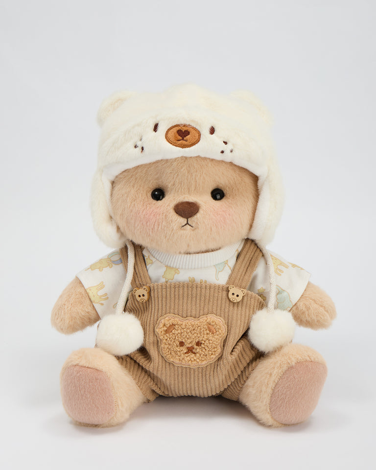 Getahug White Mink Hat Brown Overalls Bear | Handmade Jointed Teddy Bear Gift