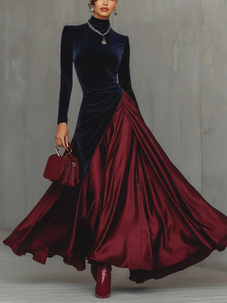 LuxeDrape – Color Block Velvet Satin Long Dress