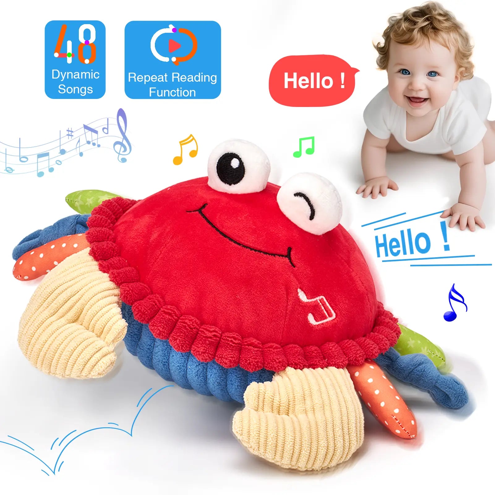 Musical Crab Plush Toy - 48 Songs & Repeat What You Say - Crawling Musical Dancing Walking Bouncing Moving Bouncing Talking Learning Crab-Sensory Toddler Toys for Birthday Tummy Time Toy 0-3 Months/6-12 Months,Mothersdaygift/newborngift