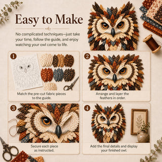 💥 LAST DAY 49% OFF - 🦉 Layered Fabric Owl Wall Art DIY Kit – Complete Kit Included ✂ Pre-Cut Pieces • Glue or Stitch Your Way