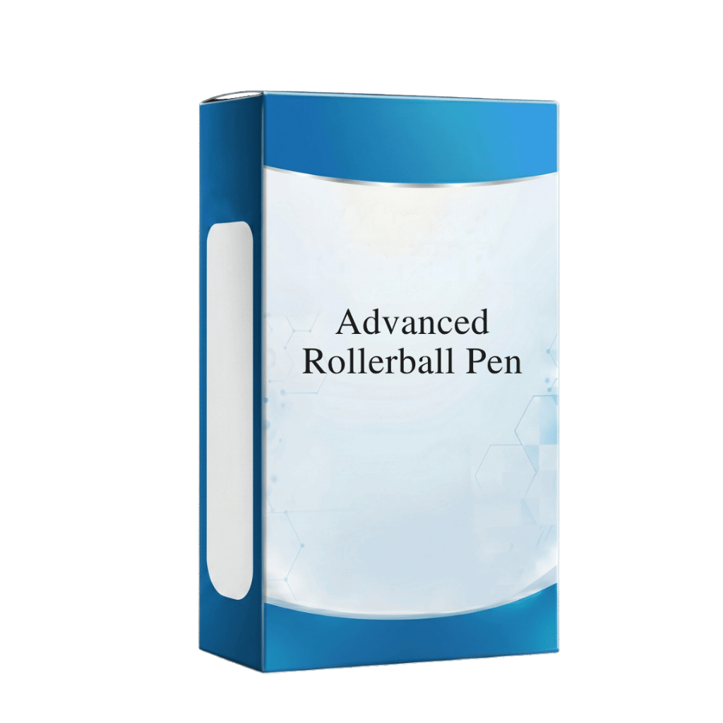 Packaging of Advanced Rollerball Pen, a sleek tool for skin nourishment and beauty routines.
