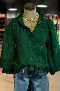 PetalCharm – Elegant Floral Embroidered Puff Sleeve Top