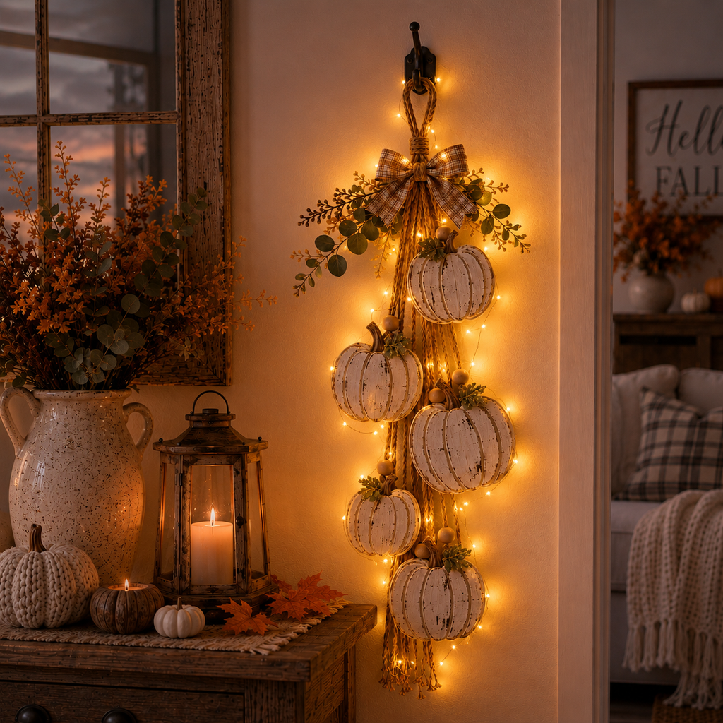 HarvestGlow – Rustic White Pumpkin Hanging Swag