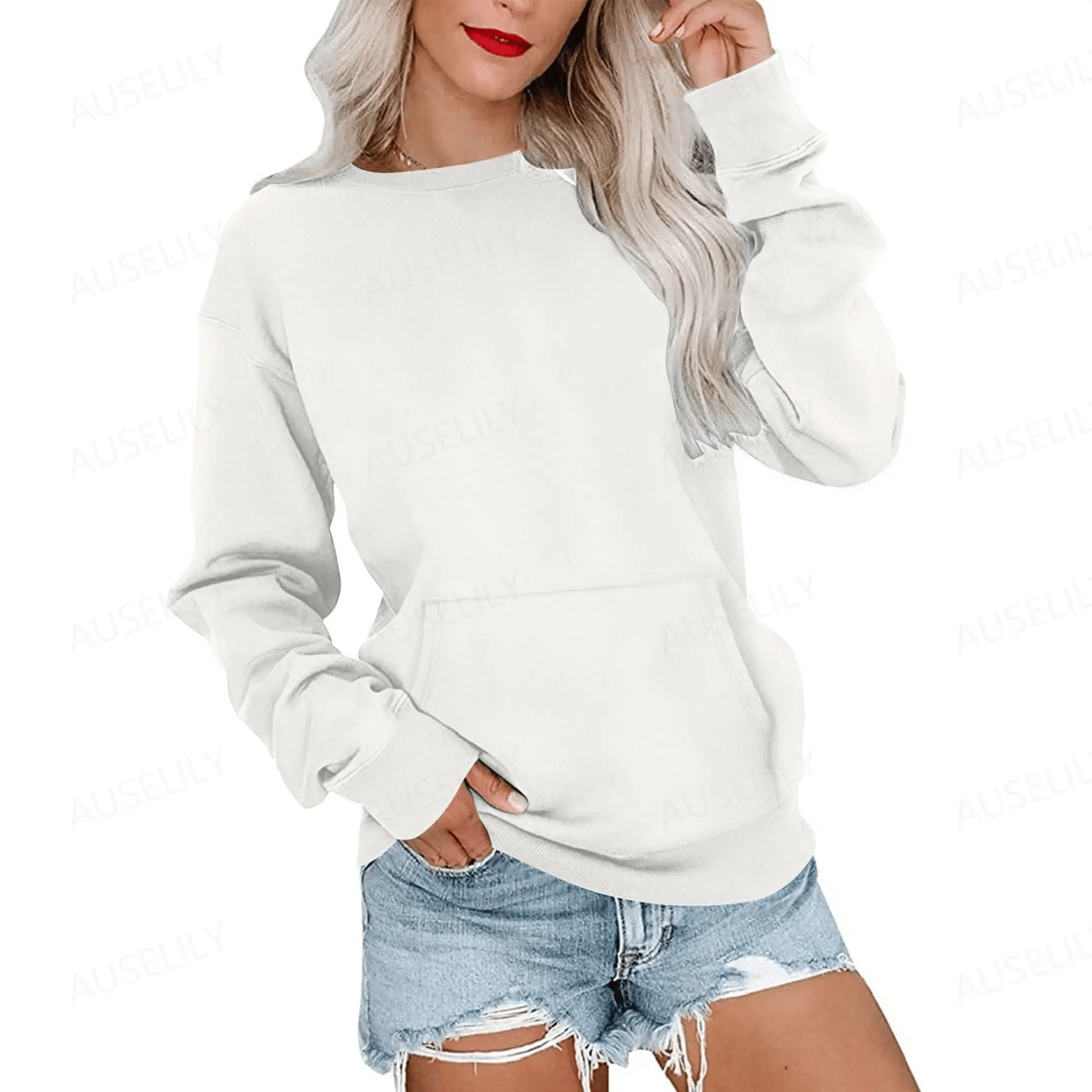 AUSELILY Women's Crewneck Hoodless Sweatshirt With Kangaroo Pocket Fleece Longsleeve Oversized Casual Style Shirt Lightweight Pullover 2026
