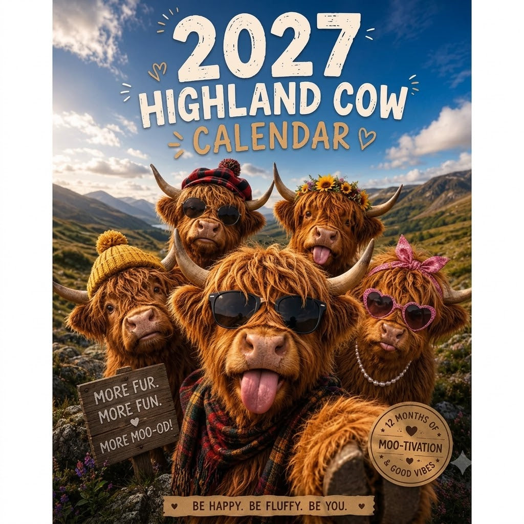 FarmCharm – Farmhouse Highland Cow A4 Wall Calendar