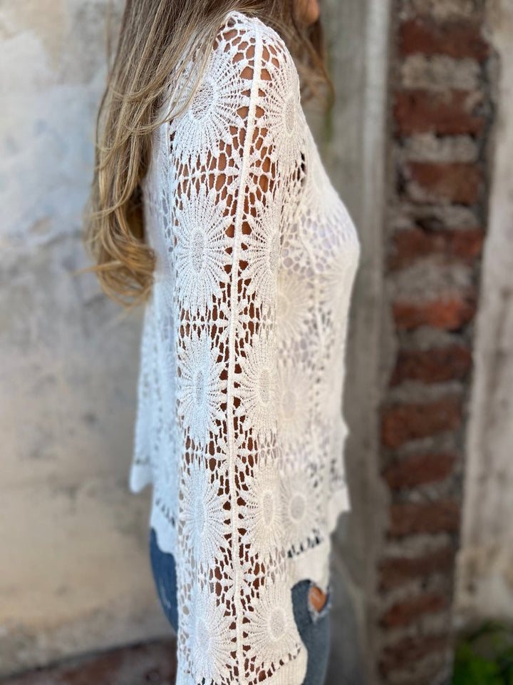 PetalGrace - Buttoned Cutout Embroidered Top