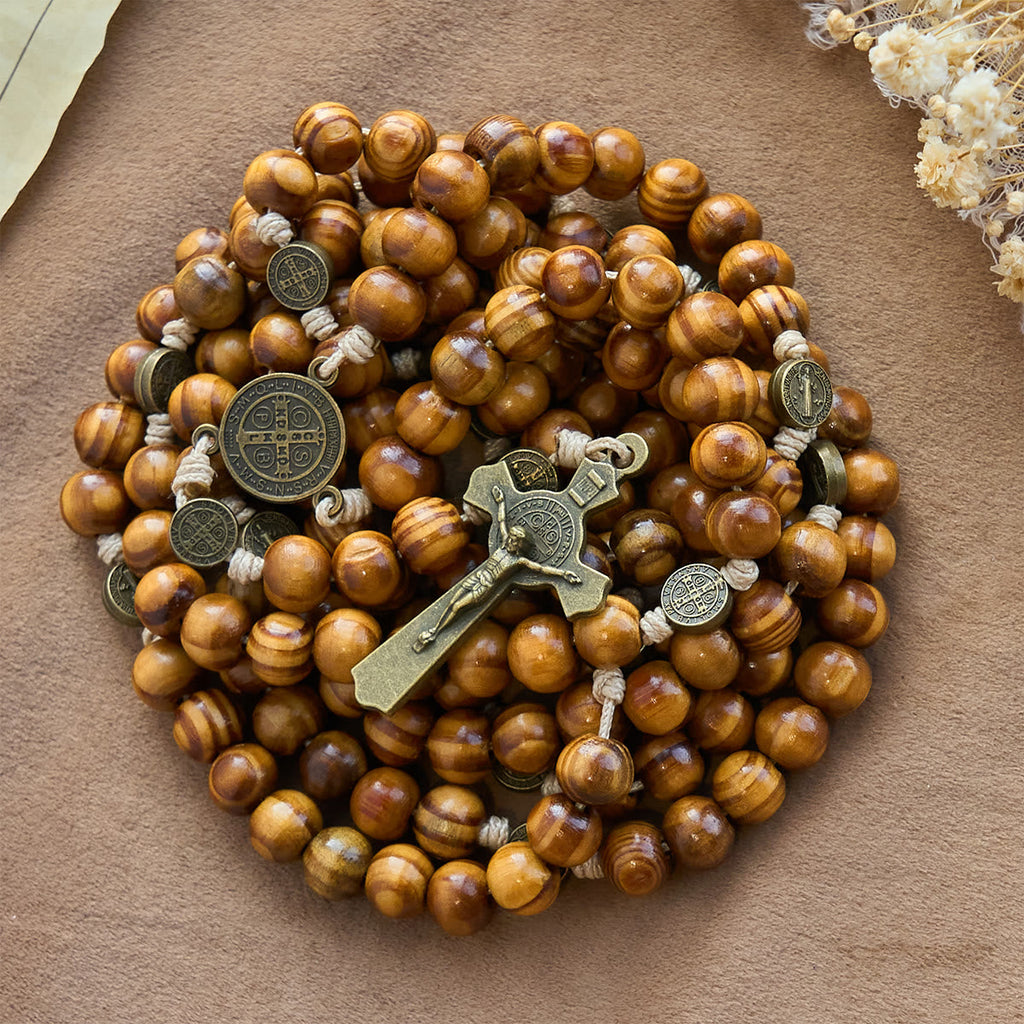Christianartworkshop 15/20 Decade Olive Wood Rosary with St. Benedict, Crucifix & Waist Chain Design—Divine Devotion in Dual Use - image 2