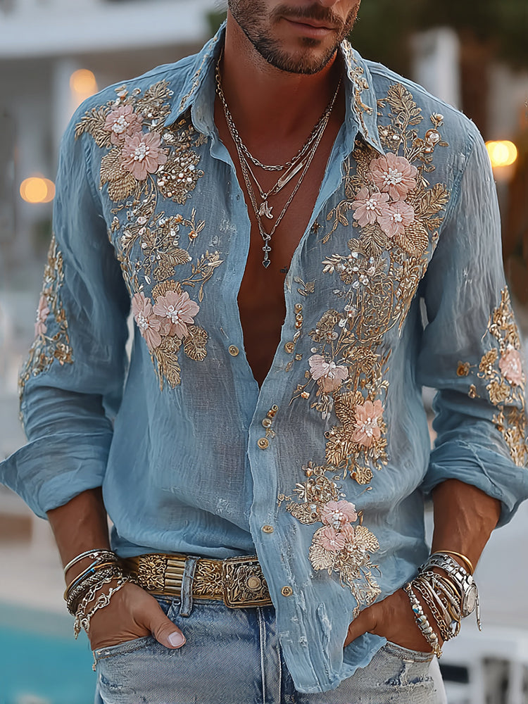 VintageBloom – Retro Floral Linen Shirt for Men