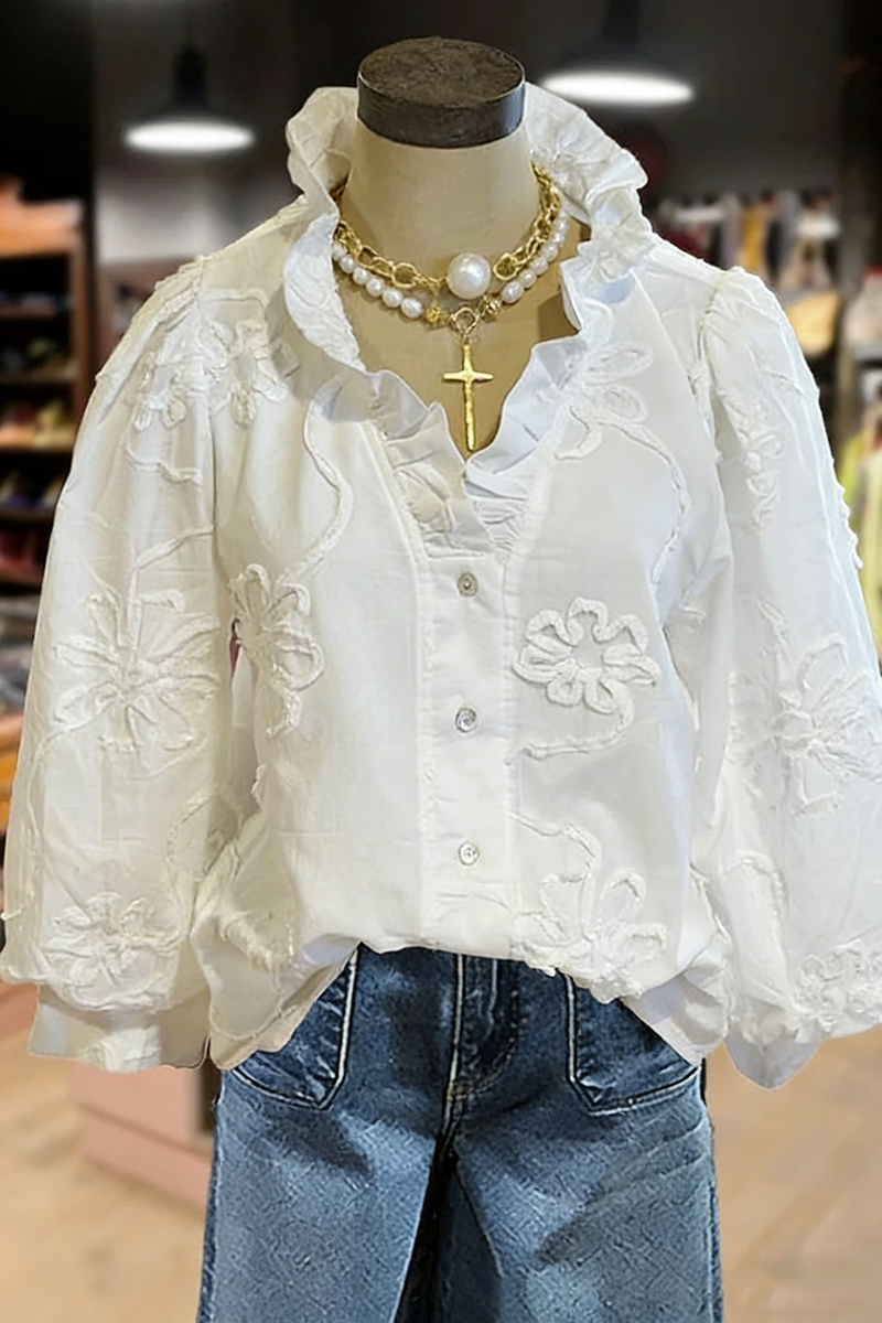 PetalCharm – Elegant Floral Embroidered Puff Sleeve Top