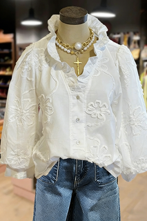 PetalCharm – Elegant Floral Embroidered Puff Sleeve Top