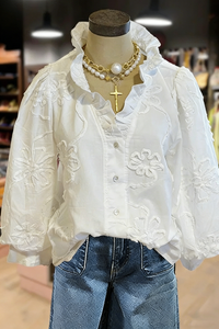 PetalCharm – Elegant Floral Embroidered Puff Sleeve Top