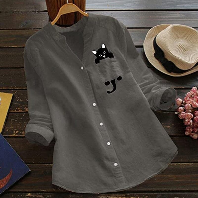 CatCharm – Cotton V-Neck Cat Print Blouse