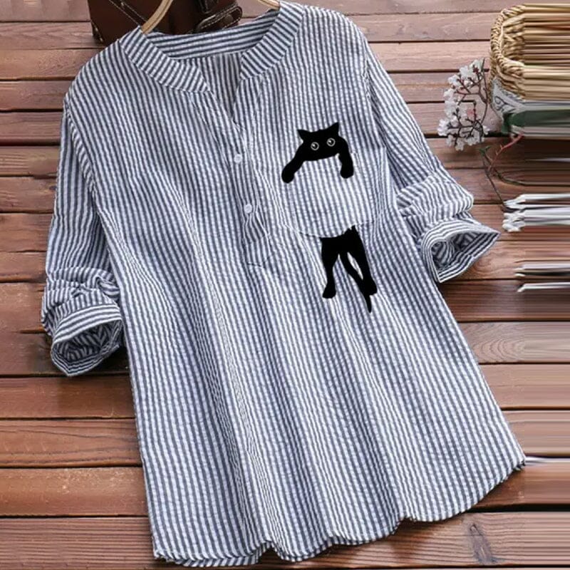 CatCharm – Cotton V-Neck Cat Print Blouse