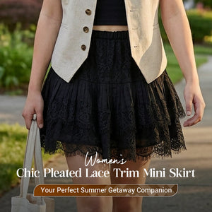 LunaLace - Chic Pleated Lace Trim Mini Skirt