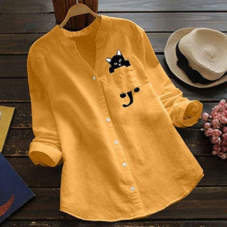 CatCharm – Cotton V-Neck Cat Print Blouse