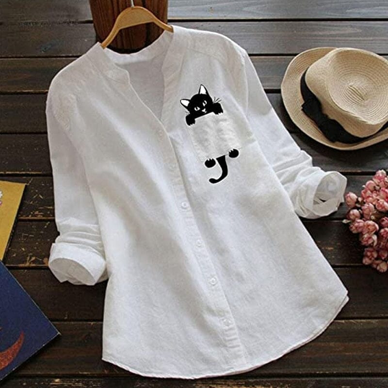 CatCharm – Cotton V-Neck Cat Print Blouse