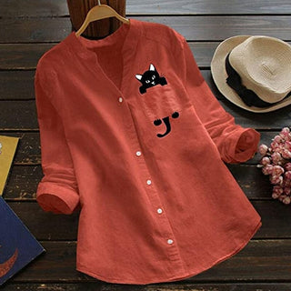 CatCharm – Cotton V-Neck Cat Print Blouse