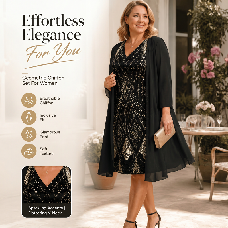 GraceLuxe – Elegant V-Neck Dress & Sheer Jacket Set