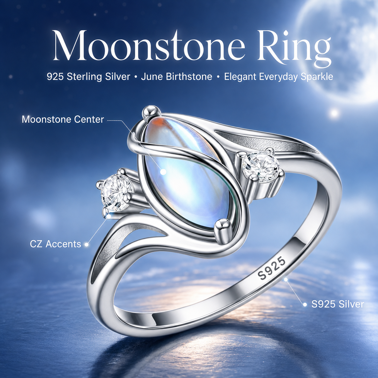 LunaGlow – 925 Sterling Silver Rainbow Moonstone Ring