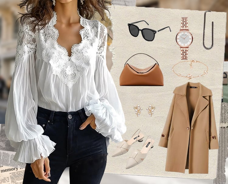 LaceAura - Patchwork V-Neck Blouse