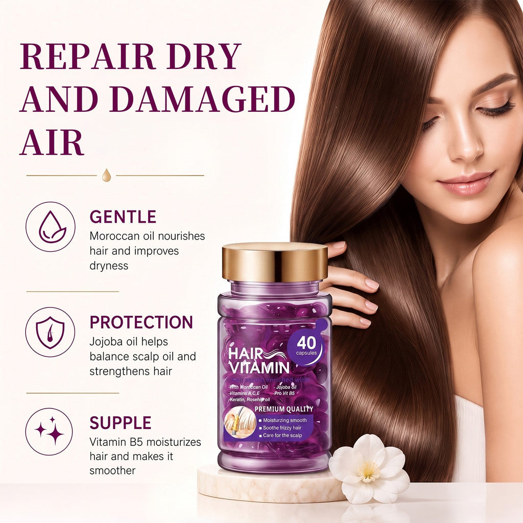Hair Vitamin Capsules Infused with Violet Vitamins & Argan Oil for Color-Treated & Permed Hair Smooths Frizz Restores Silkiness & Shine 40 Capsules.
