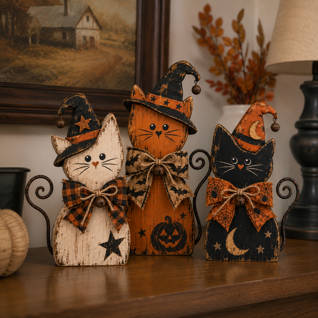 Vintage Halloween Witch Cat Decor Set