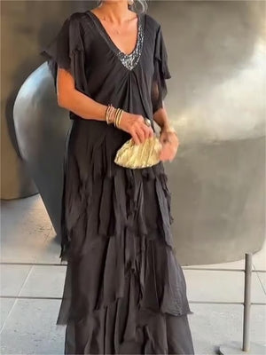LumiSilk – Classic V Neck Formal Maxi Dress