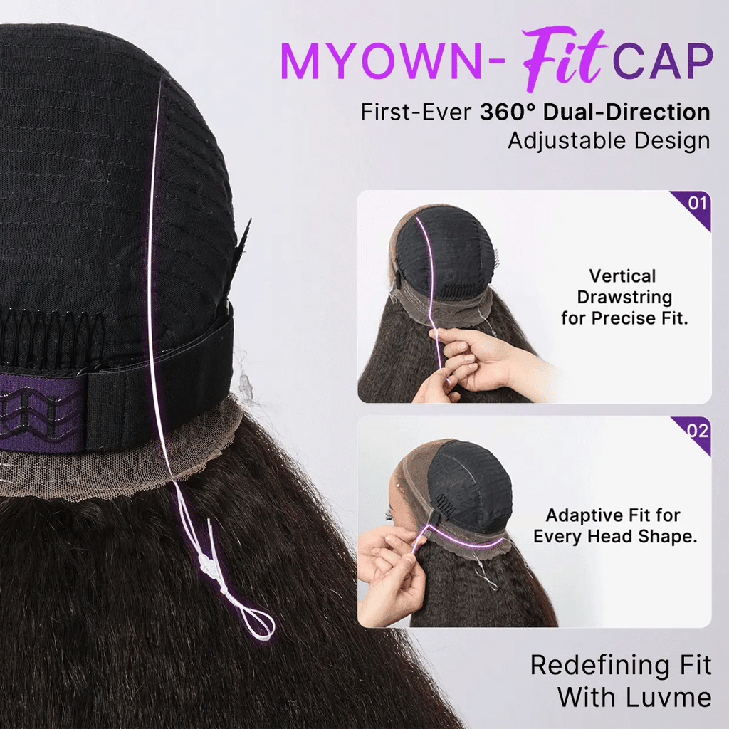 Luvme Hair MyOwn-Fit™ 360 HD lace-free water wave wig with flexi-fit cap and pre-cut lace, showcasing the textured hair and cap design.