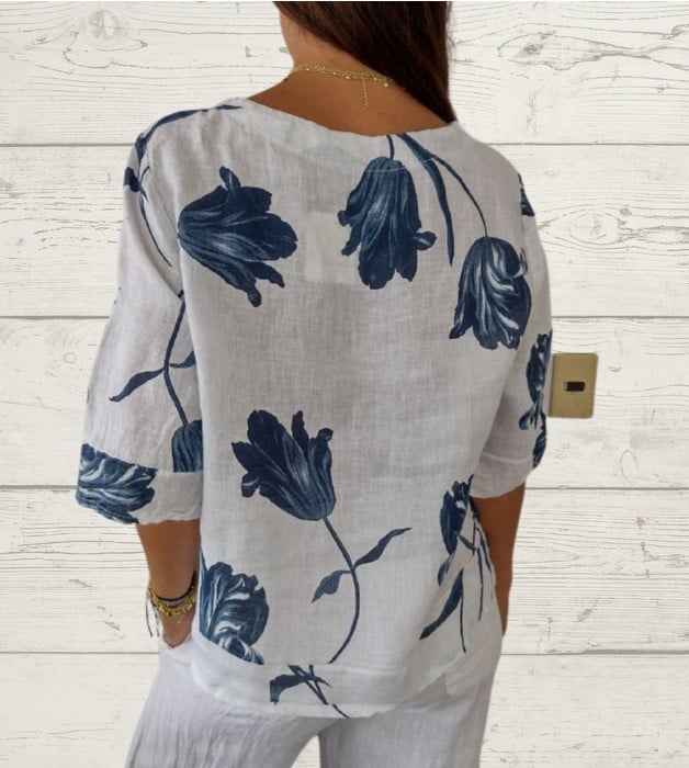 BreezeAura – Printed V-Neck Linen Blend Shirt